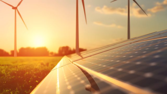 Modern Wind turbines and solar panels sunset light. Concept eco green energy. Generation AI